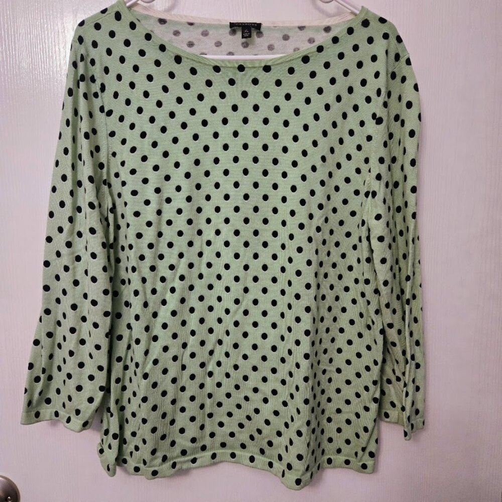 Talbots cotton blend light green and‎ black polka dot 3/4 sweater NWOT Size XL